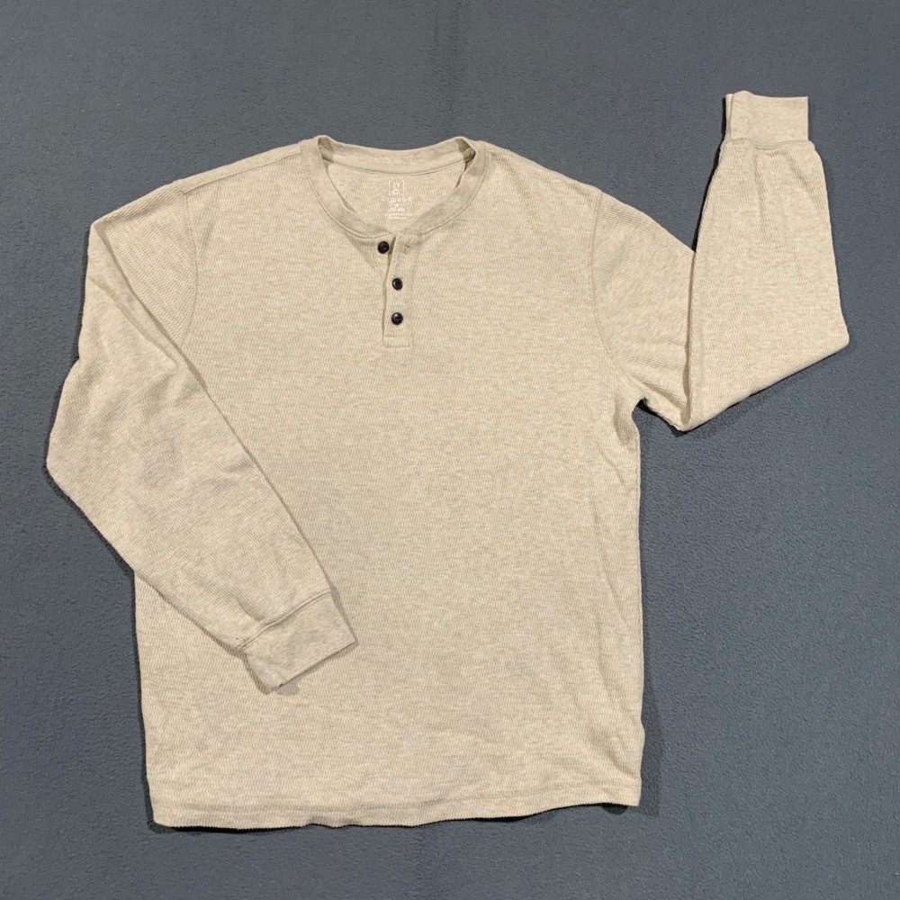George Henley Shirt Men Medium Cream Waffle Knit Thermal Long Sleeve Gorpcore